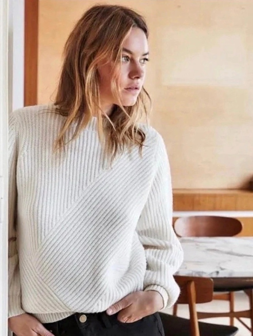 Sézane Orson Cream Wool Alpaca Blend Ribbed Sweater